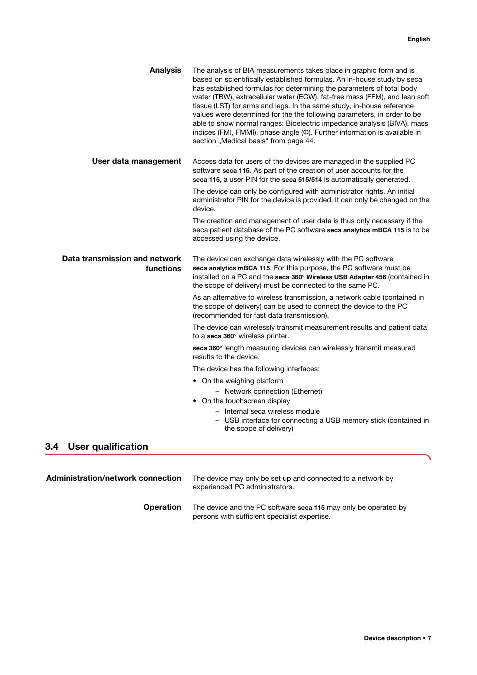 Analysis, User data management, Data transmission and network functions | 4 user qualification, Administration/network connection, Operation, Administration/network connection operation | Seca 515 User Manual | Page 7 / 82