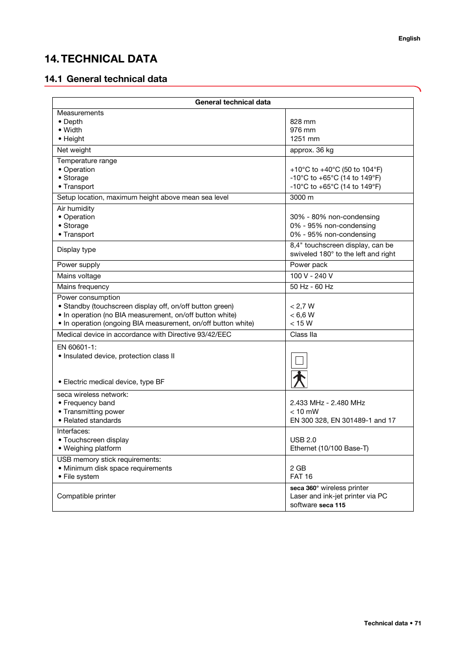 Technical data, 1 general technical data | Seca 515 User Manual | Page 71 / 82
