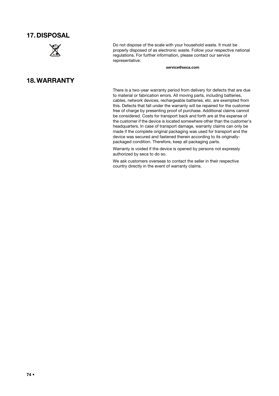 Disposal, Warranty | Seca 515 User Manual | Page 74 / 82