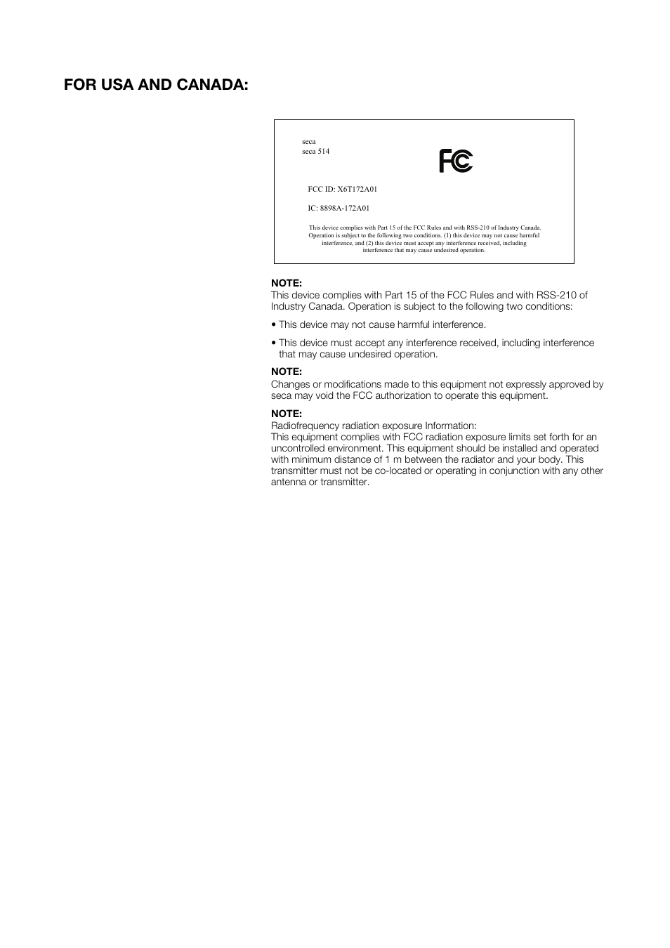 For usa and canada | Seca 515 User Manual | Page 79 / 82