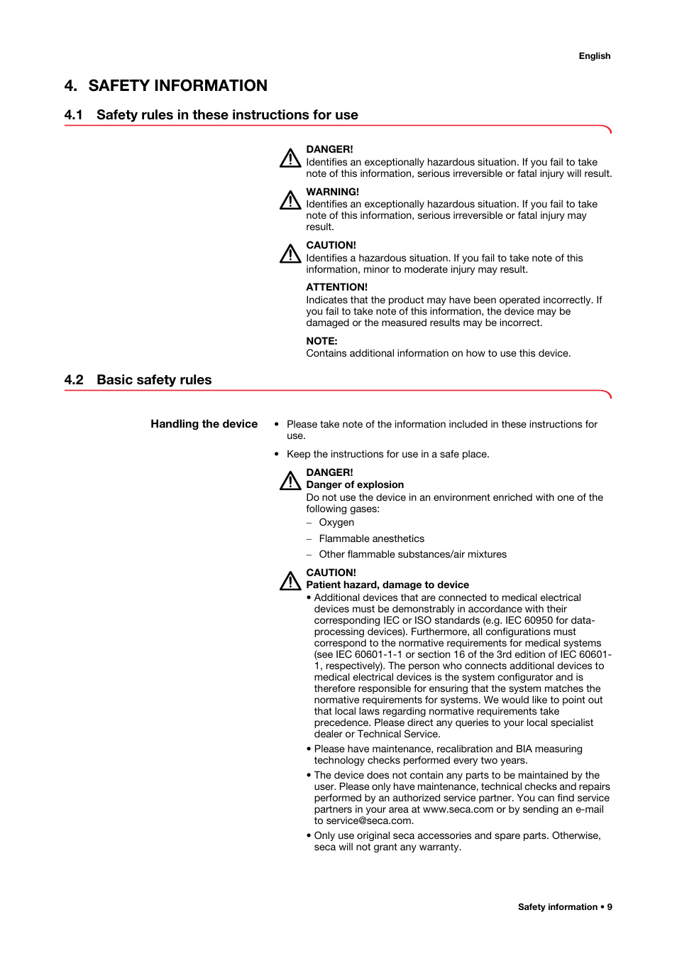 Safety information, 1 safety rules in these instructions for use, 2 basic safety rules | Handling the device | Seca 515 User Manual | Page 9 / 82
