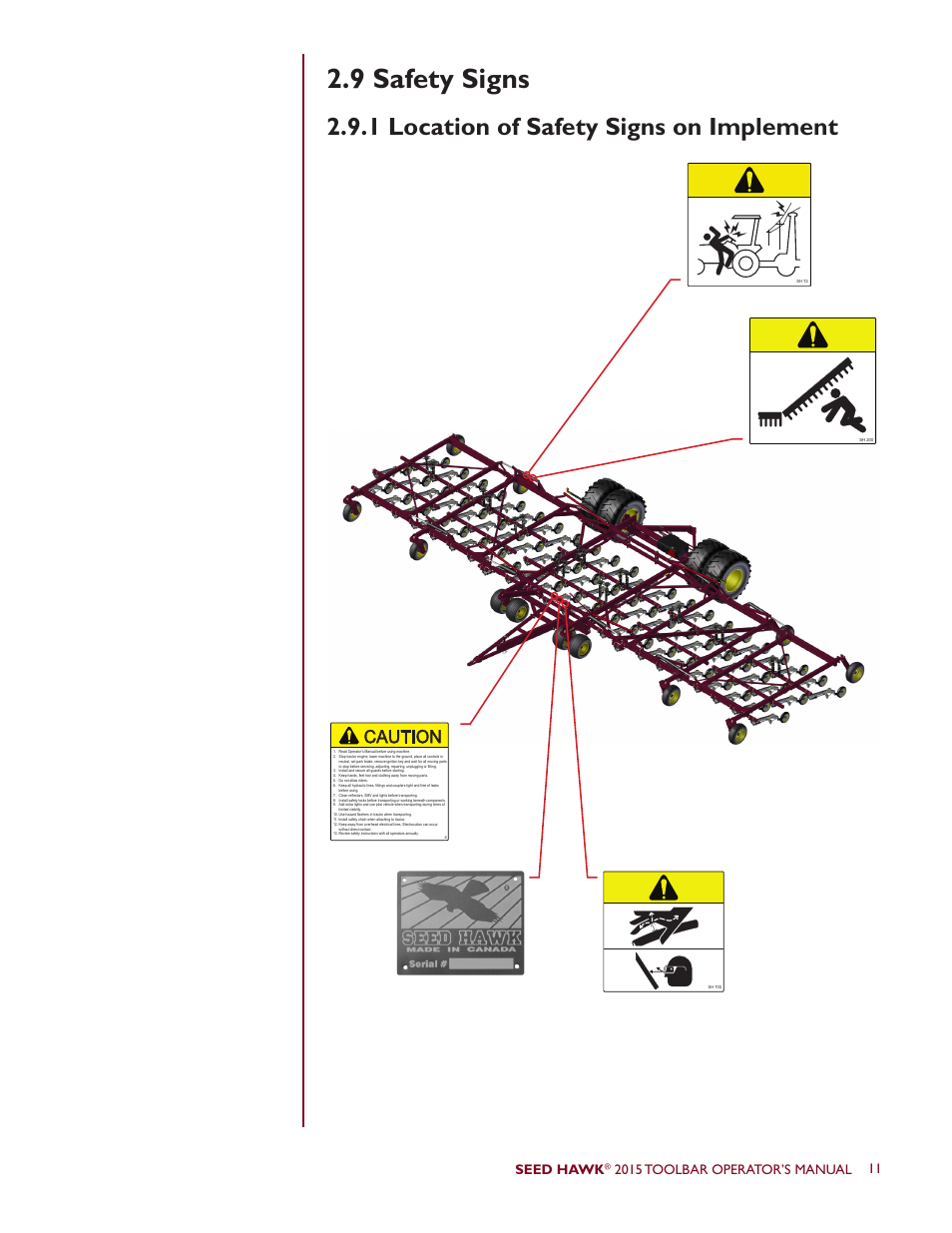 9 safety signs, 1 location of safety signs on implement, Seed hawk | Seed Hawk TOOLBAR 2015 User Manual | Page 16 / 66