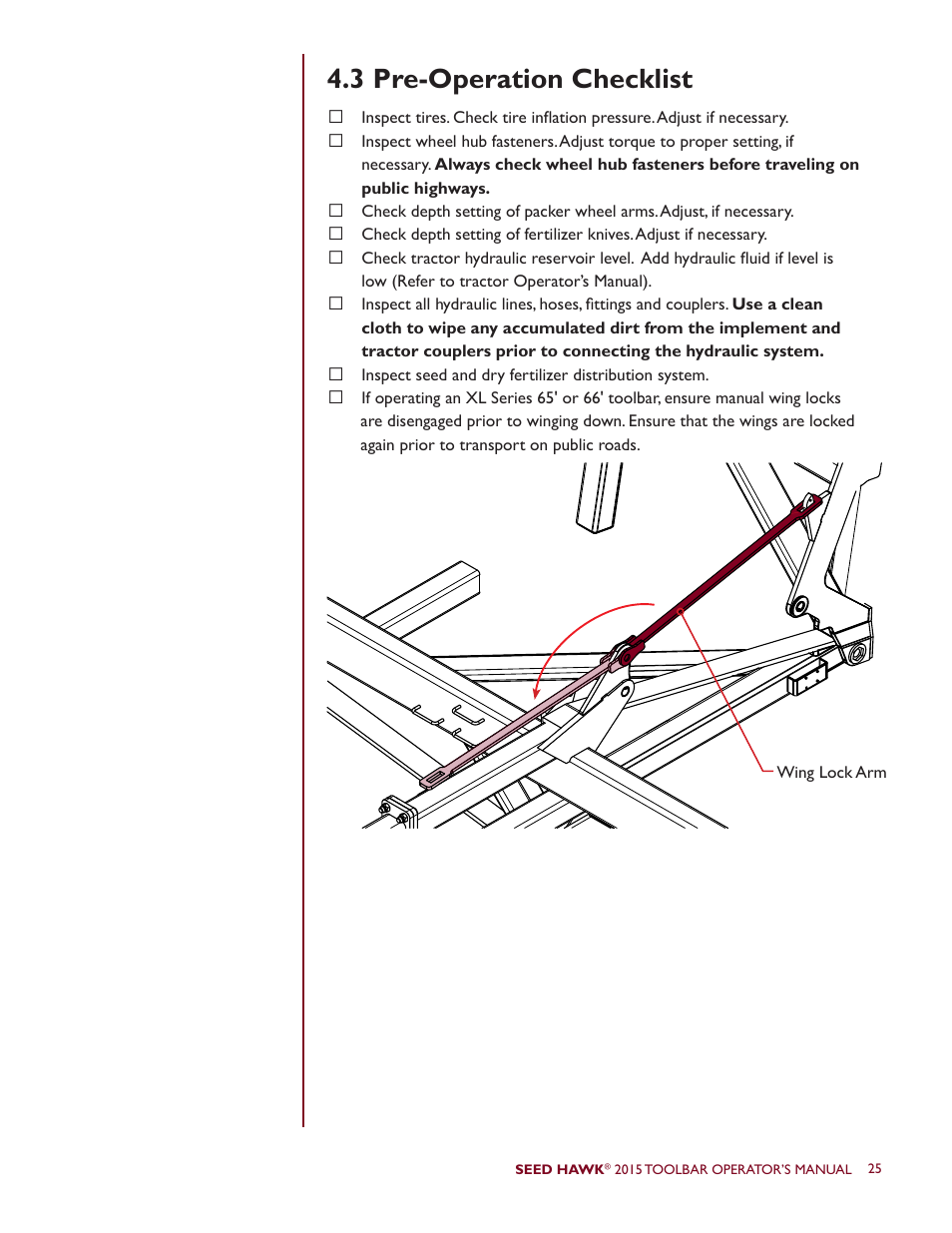 3 pre-operation checklist | Seed Hawk TOOLBAR 2015 User Manual | Page 30 / 66