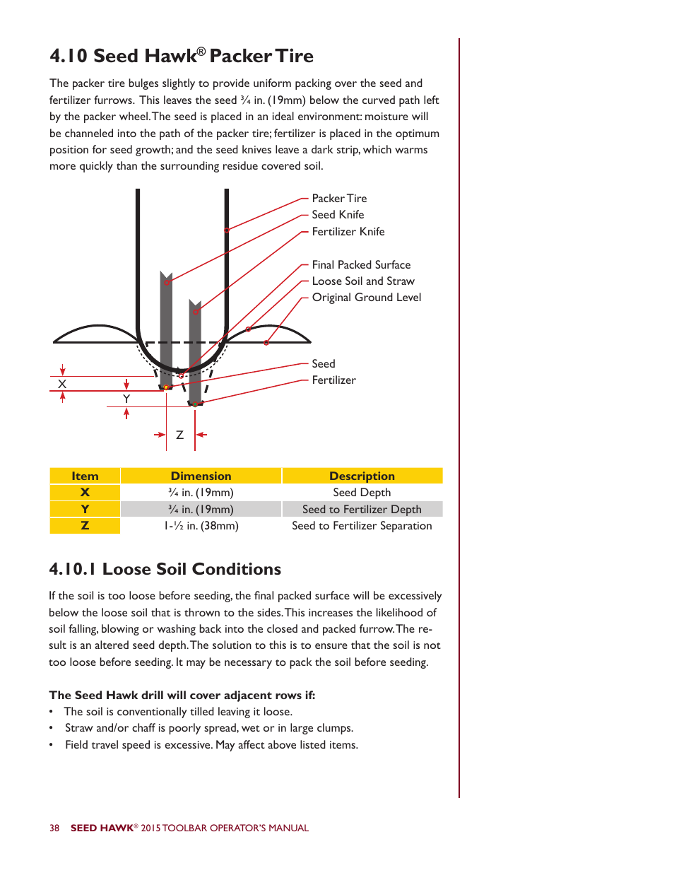 10 seed hawk, Packer tire, 1 loose soil conditions | Seed Hawk TOOLBAR 2015 User Manual | Page 43 / 66