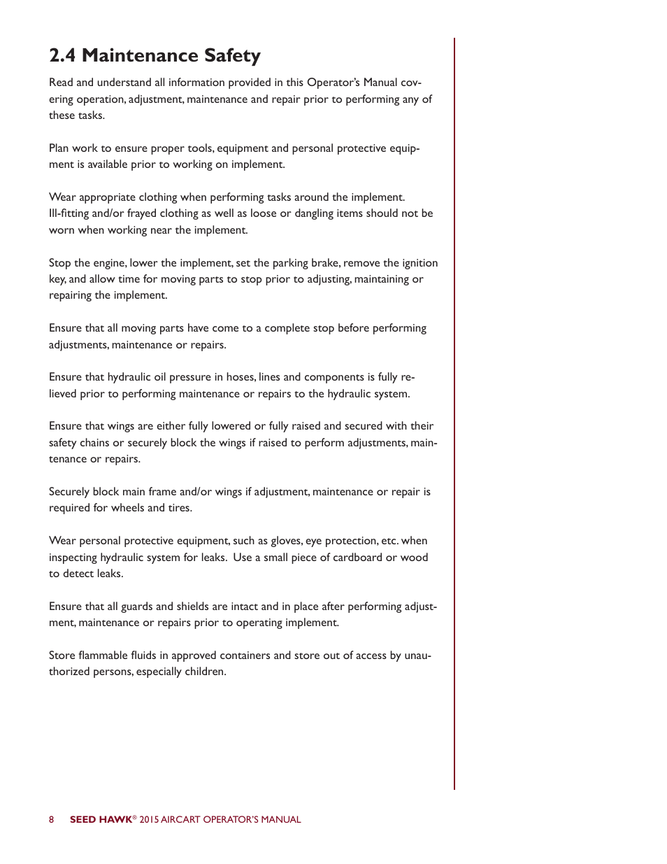 4 maintenance safety | Seed Hawk AIRCART 2015 User Manual | Page 13 / 98