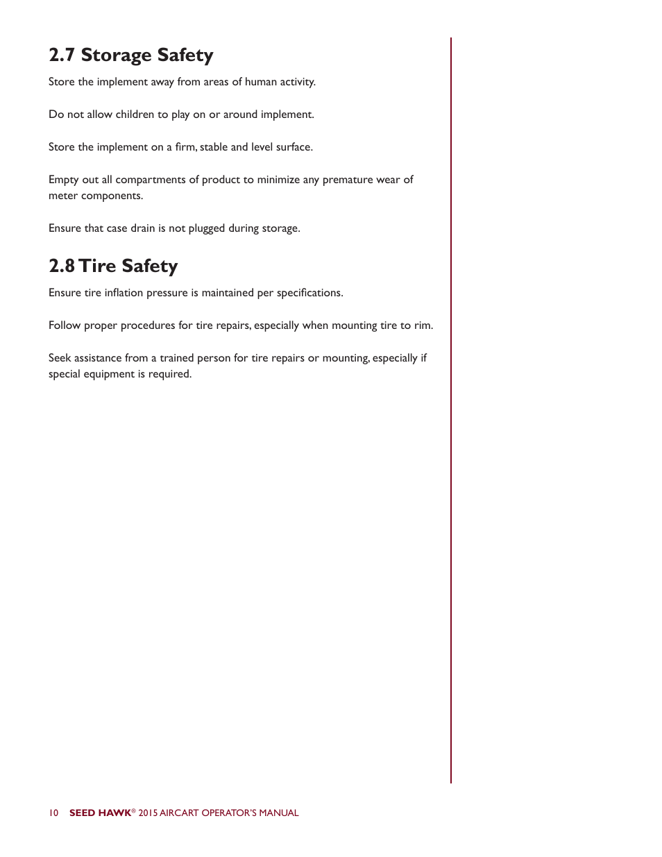 8 tire safety 2.7 storage safety | Seed Hawk AIRCART 2015 User Manual | Page 15 / 98