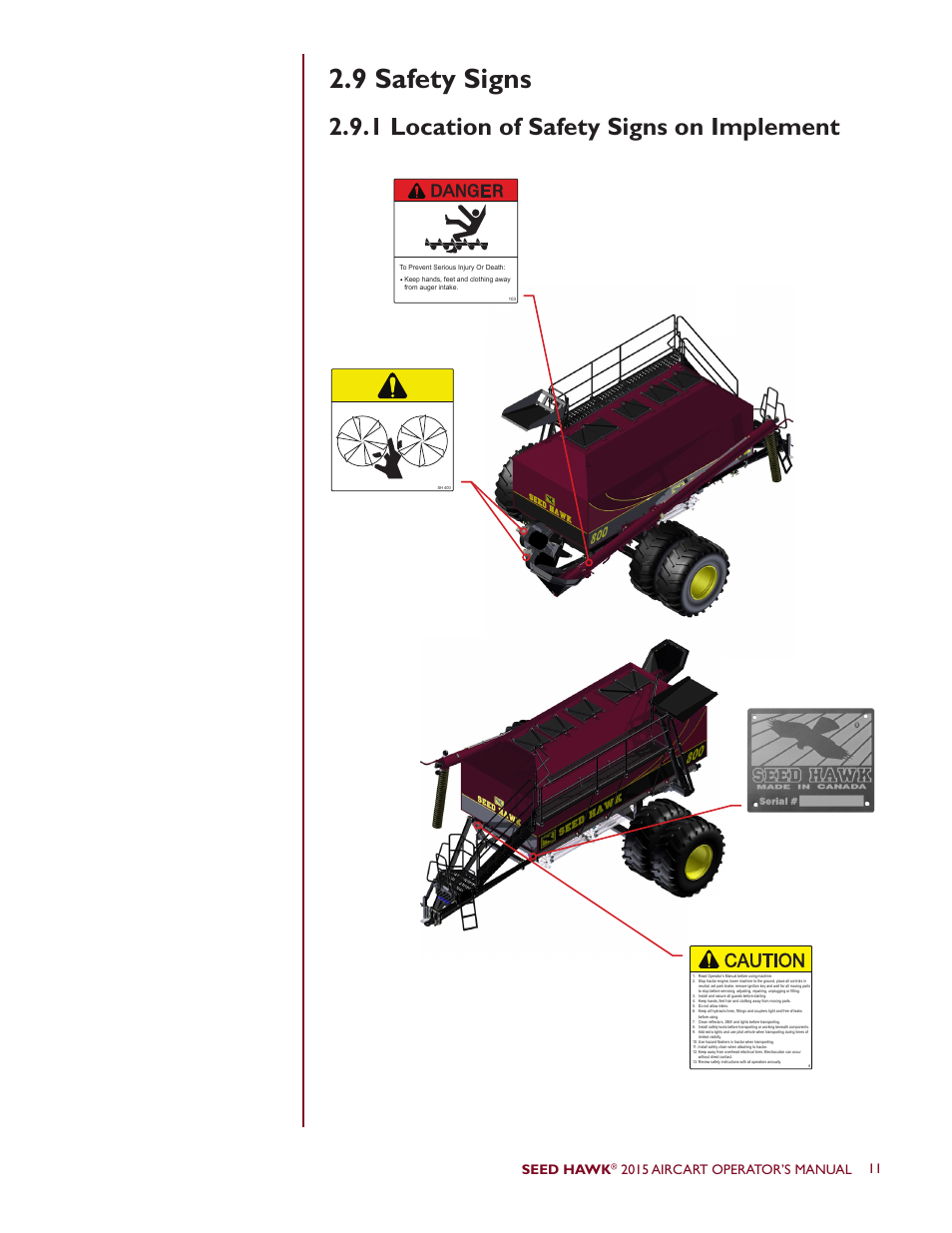 9 safety signs, 1 location of safety signs on implement, Danger | Seed hawk | Seed Hawk AIRCART 2015 User Manual | Page 16 / 98