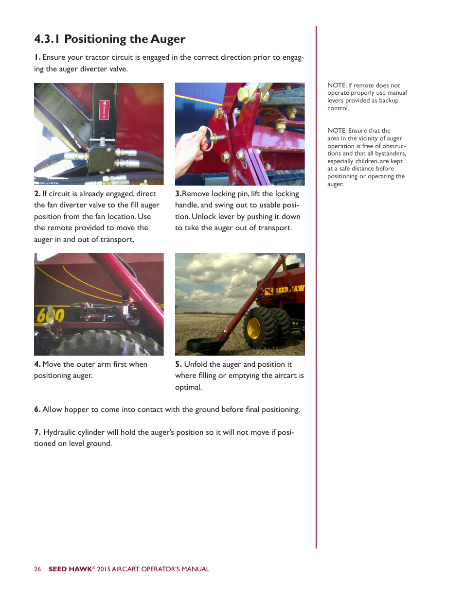 1 positioning the auger | Seed Hawk AIRCART 2015 User Manual | Page 31 / 98