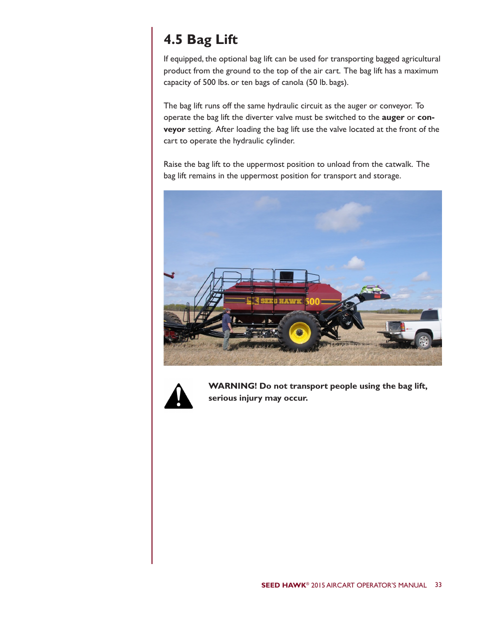 5 bag lift | Seed Hawk AIRCART 2015 User Manual | Page 38 / 98