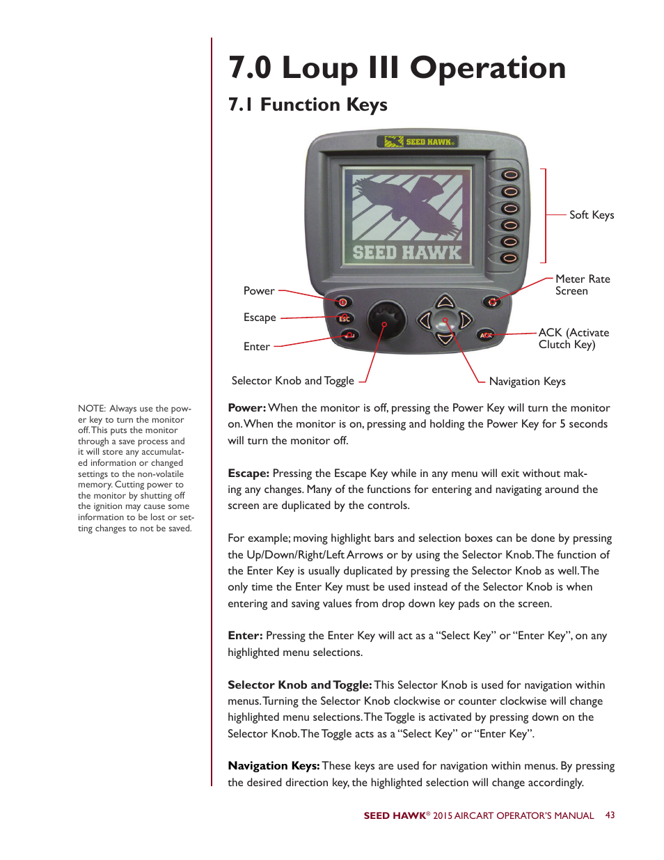 0 loup iii operation, 1 function keys | Seed Hawk AIRCART 2015 User Manual | Page 48 / 98