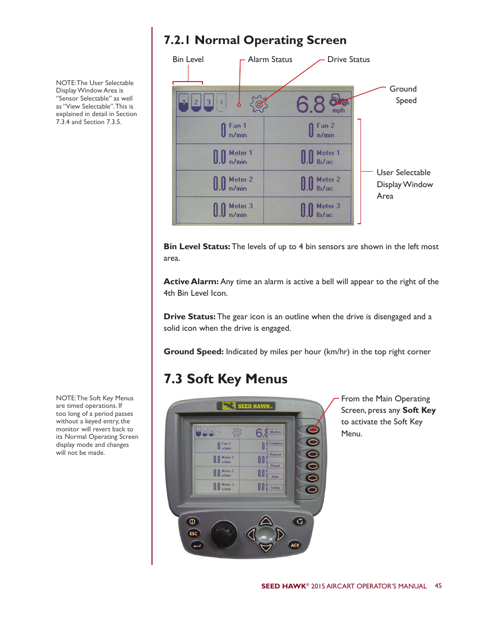 3 soft key menus, 1 normal operating screen | Seed Hawk AIRCART 2015 User Manual | Page 50 / 98