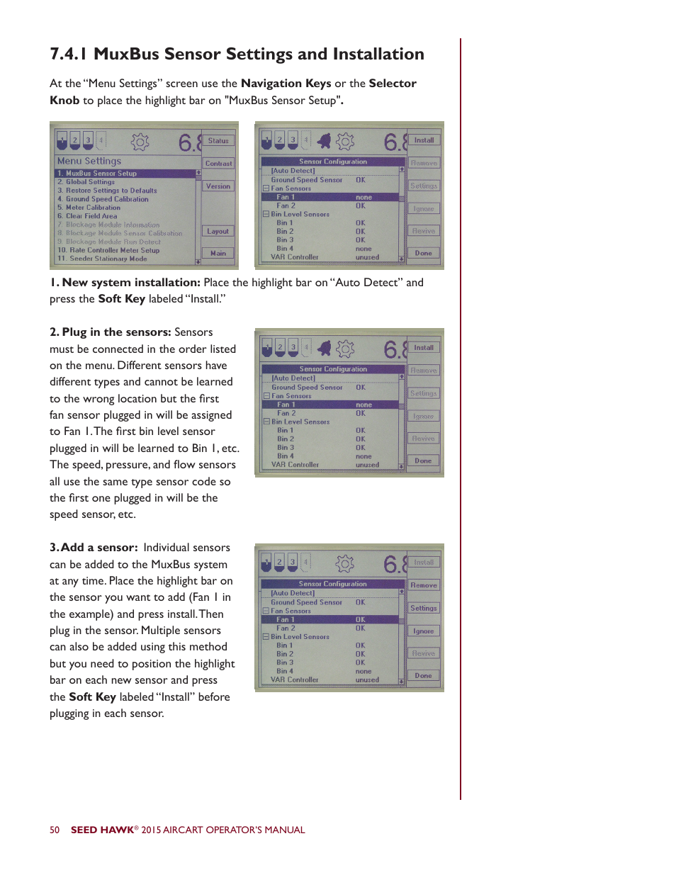 1 muxbus sensor settings and installation | Seed Hawk AIRCART 2015 User Manual | Page 55 / 98