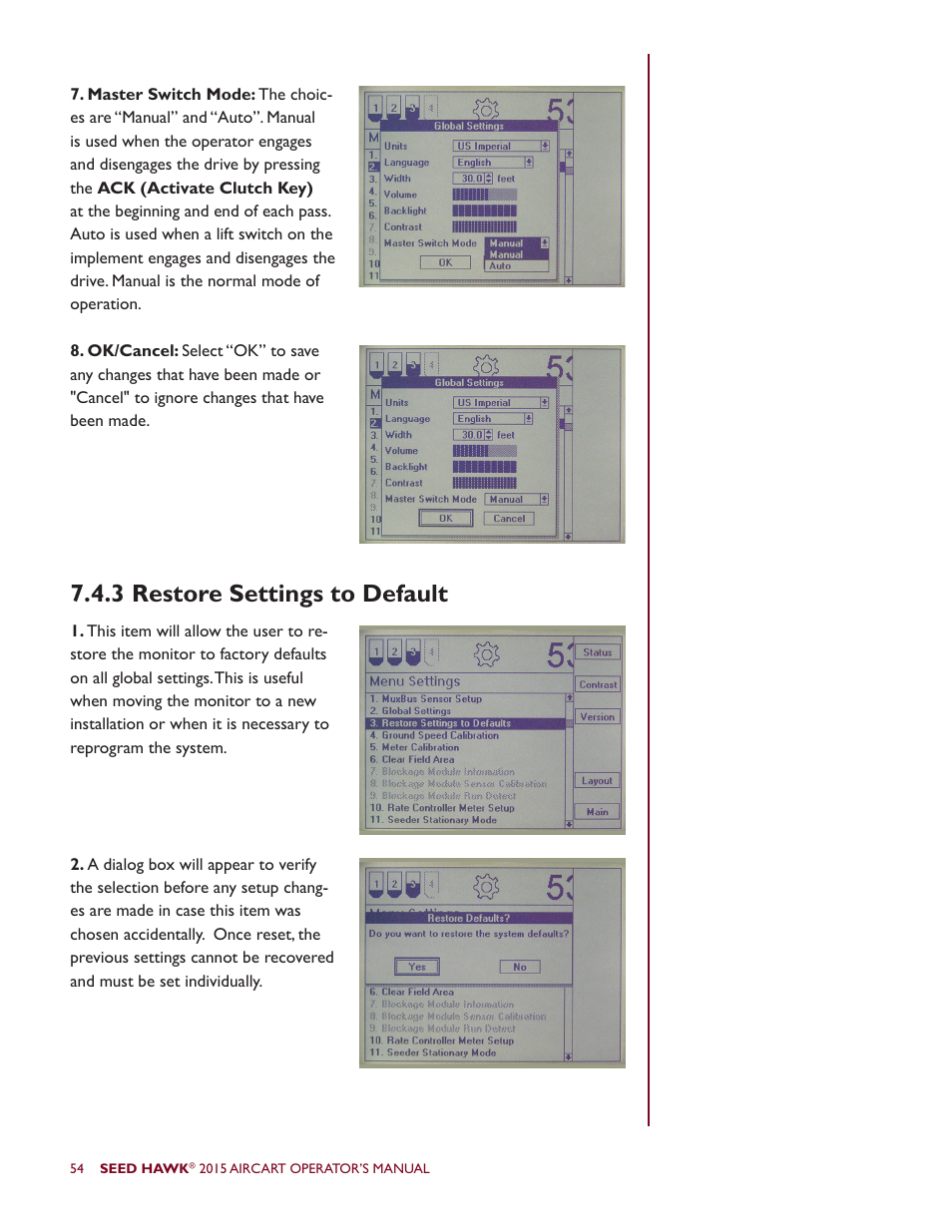 3 restore settings to default | Seed Hawk AIRCART 2015 User Manual | Page 59 / 98