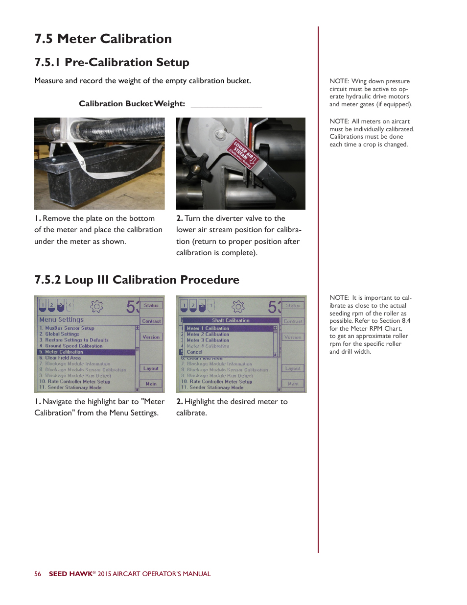 5 meter calibration, 1 pre-calibration setup, 2 loup iii calibration procedure | Seed Hawk AIRCART 2015 User Manual | Page 61 / 98