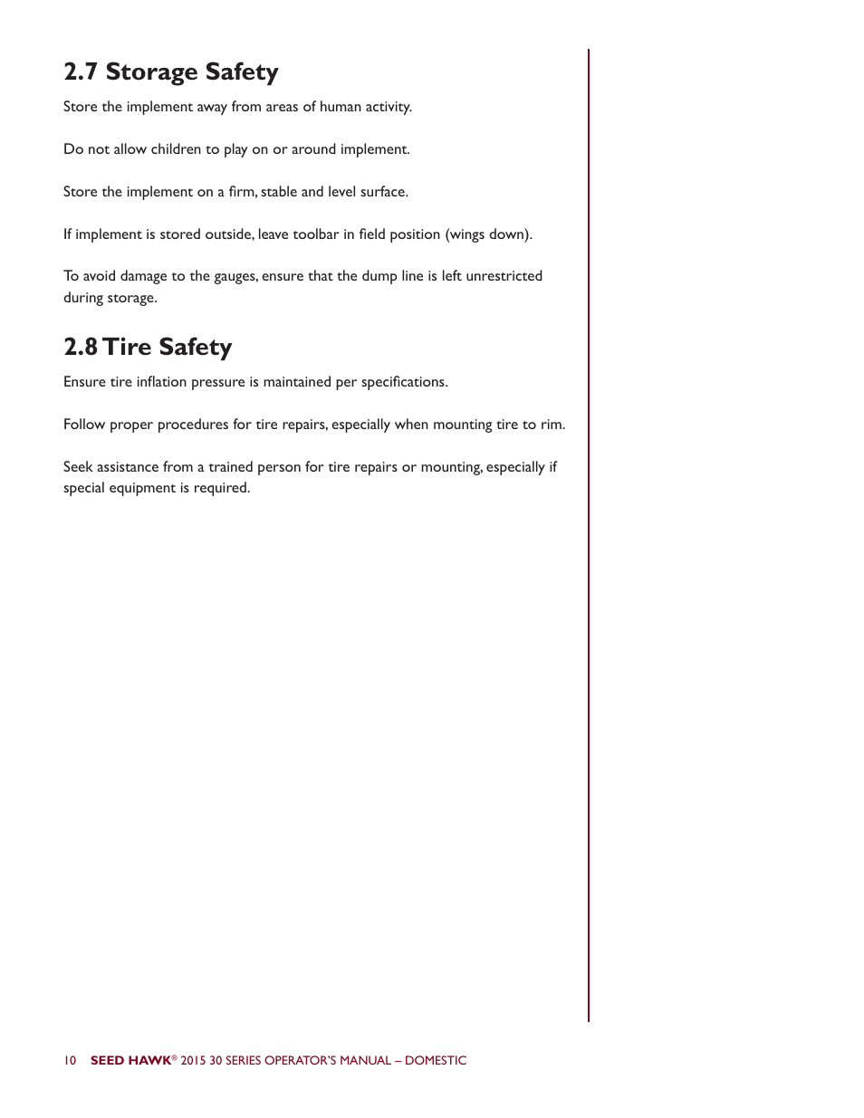 8 tire safety 2.7 storage safety | Seed Hawk 30 SERIES 2015 User Manual | Page 15 / 98