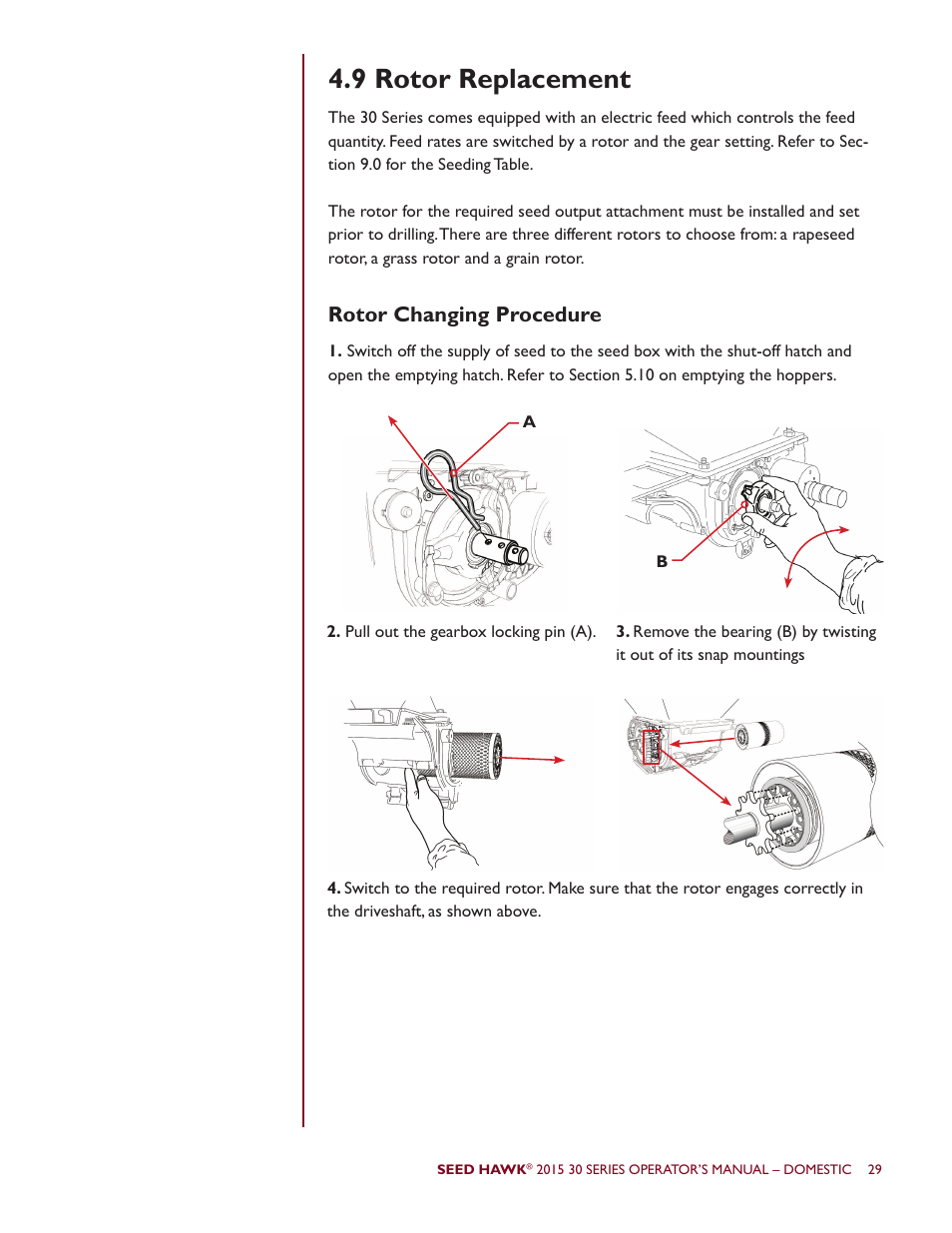 9 rotor replacement, Rotor changing procedure | Seed Hawk 30 SERIES 2015 User Manual | Page 34 / 98