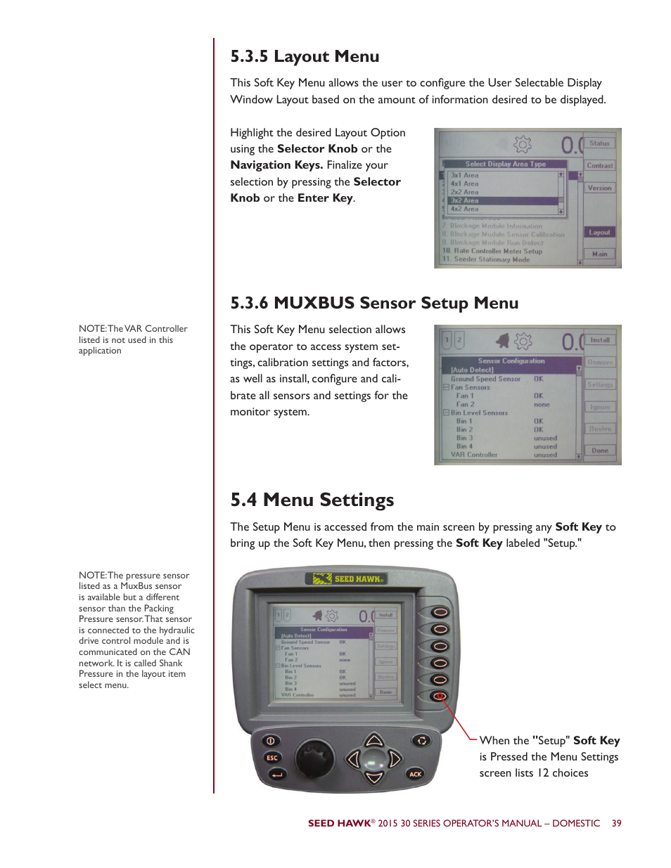 4 menu settings, 5 layout menu 5.3.6 muxbus sensor setup menu | Seed Hawk 30 SERIES 2015 User Manual | Page 44 / 98