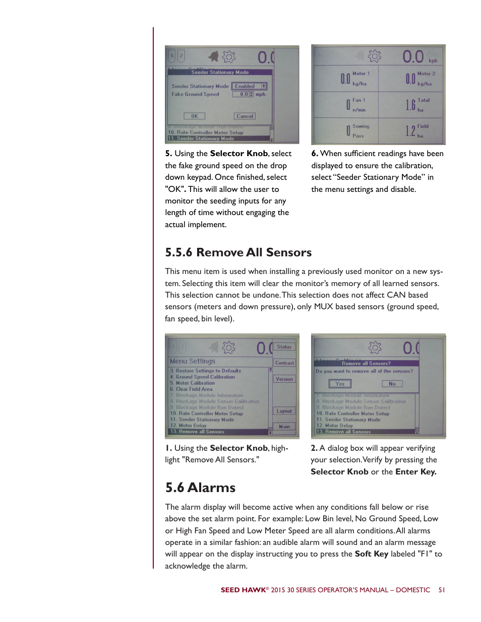 6 alarms, 6 remove all sensors | Seed Hawk 30 SERIES 2015 User Manual | Page 56 / 98