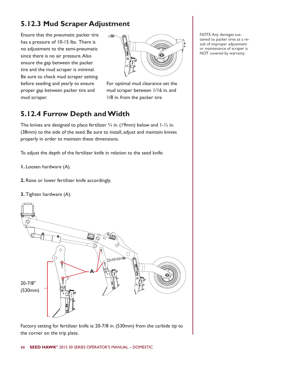 4 furrow depth and width, 3 mud scraper adjustment | Seed Hawk 30 SERIES 2015 User Manual | Page 71 / 98