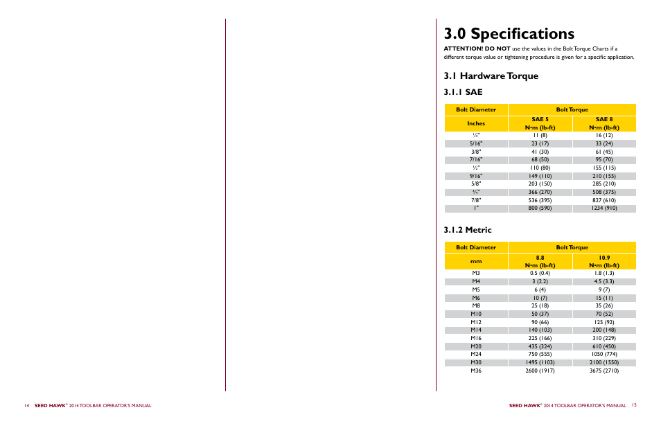 0 specifications, 1 hardware torque, 1 sae 3.1.2 metric | Seed Hawk TOOLBAR 2014 User Manual | Page 11 / 57