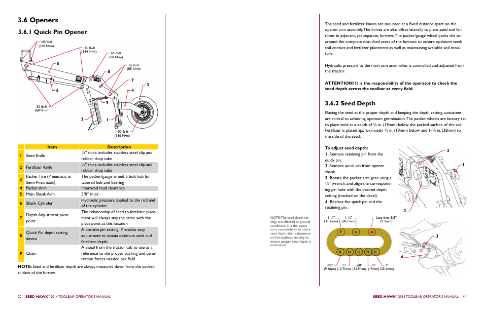 6 openers, 1 quick pin opener, 2 seed depth | Seed Hawk TOOLBAR 2014 User Manual | Page 14 / 57