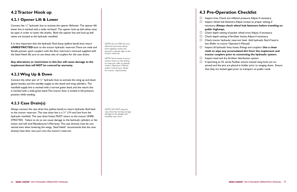 2 tractor hook up, 3 pre-operation checklist | Seed Hawk TOOLBAR 2014 User Manual | Page 16 / 57