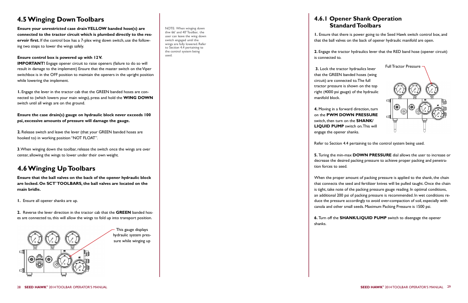 5 winging down toolbars 4.6 winging up toolbars, 1 opener shank operation standard toolbars | Seed Hawk TOOLBAR 2014 User Manual | Page 18 / 57