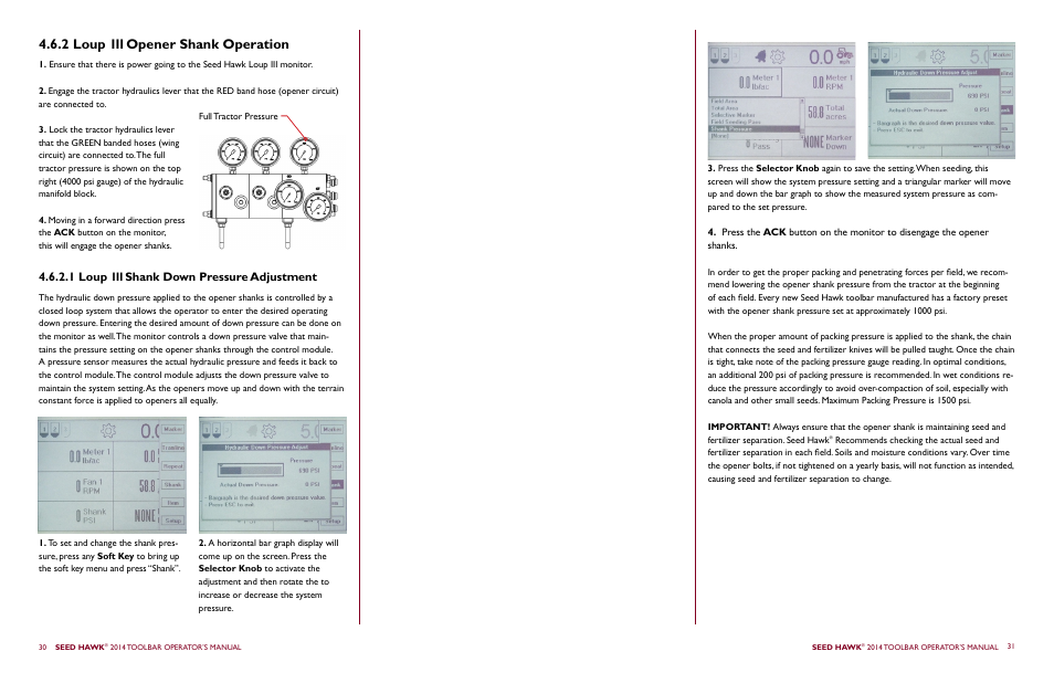 2 loup 111 opener shank operation, 1 loup 111 shank down pressure adjustment | Seed Hawk TOOLBAR 2014 User Manual | Page 19 / 57