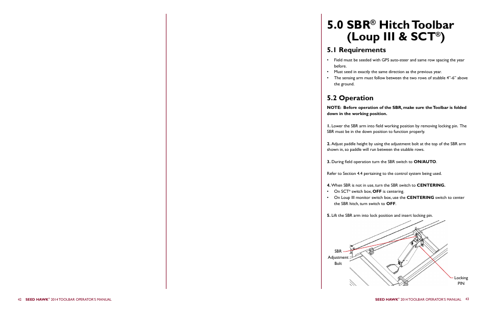0 sbr, Hitch toolbar (loup iii & sct, 1 requirements 5.2 operation | Seed Hawk TOOLBAR 2014 User Manual | Page 25 / 57