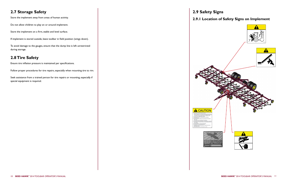 8 tire safety 2.7 storage safety, 9 safety signs, 1 location of safety signs on implement | Seed Hawk TOOLBAR 2014 User Manual | Page 9 / 57