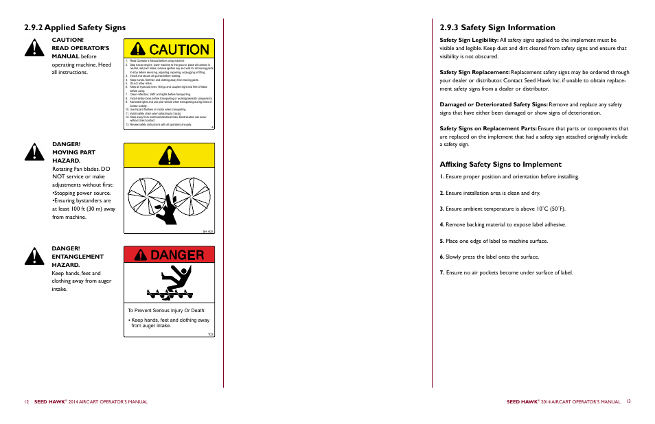 Danger, 2 applied safety signs, 3 safety sign information | Affixing safety signs to implement | Seed Hawk AIRCART 2014 User Manual | Page 10 / 51