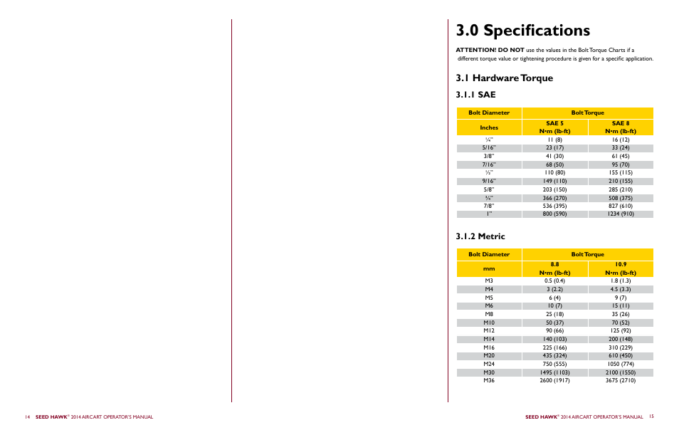 0 specifications, 1 hardware torque, 1 sae 3.1.2 metric | Seed Hawk AIRCART 2014 User Manual | Page 11 / 51