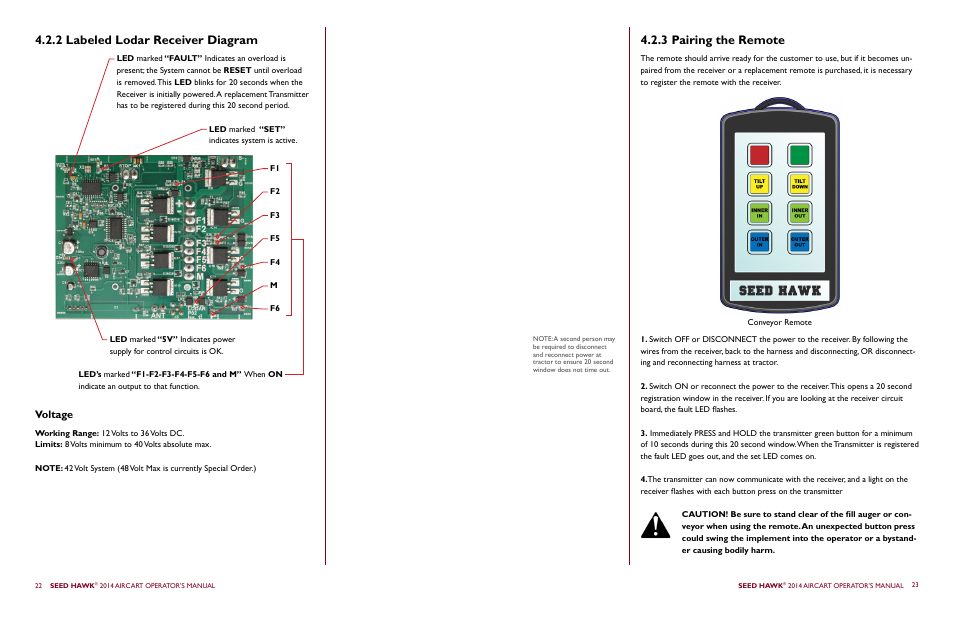 2 labeled lodar receiver diagram, 3 pairing the remote, Voltage | Seed Hawk AIRCART 2014 User Manual | Page 15 / 51