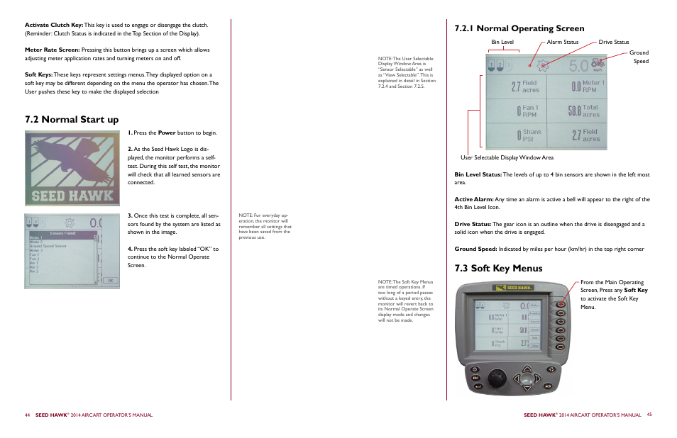 2 normal start up, 3 soft key menus, 1 normal operating screen | Seed Hawk AIRCART 2014 User Manual | Page 26 / 51