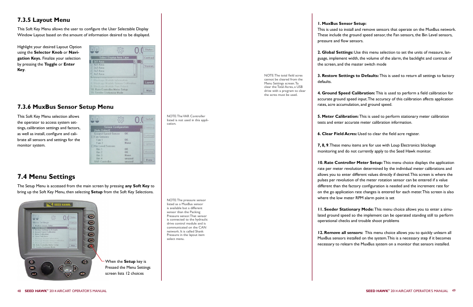 4 menu settings, 5 layout menu 7.3.6 muxbus sensor setup menu | Seed Hawk AIRCART 2014 User Manual | Page 28 / 51