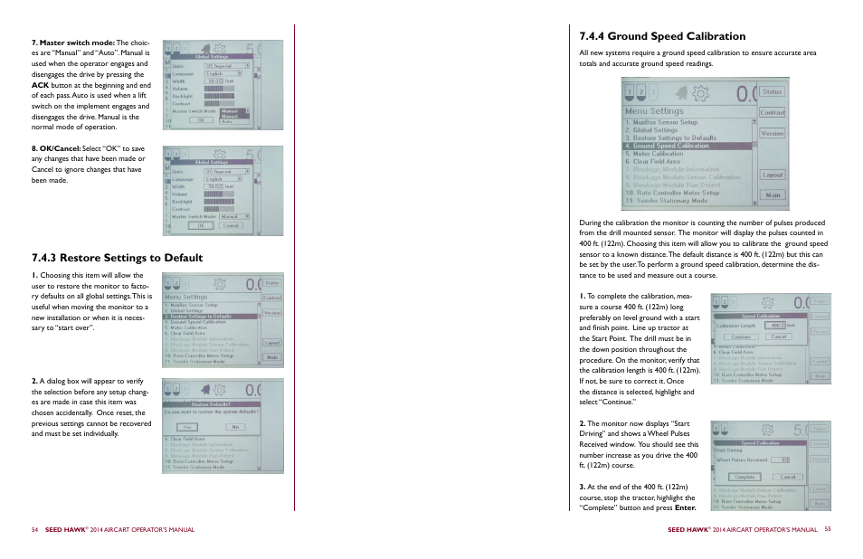 3 restore settings to default, 4 ground speed calibration | Seed Hawk AIRCART 2014 User Manual | Page 31 / 51