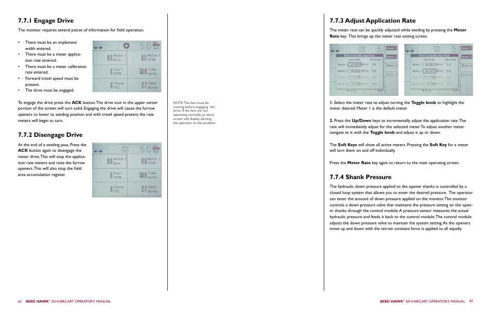 1 engage drive, 2 disengage drive, 3 adjust application rate 7.7.4 shank pressure | Seed Hawk AIRCART 2014 User Manual | Page 35 / 51