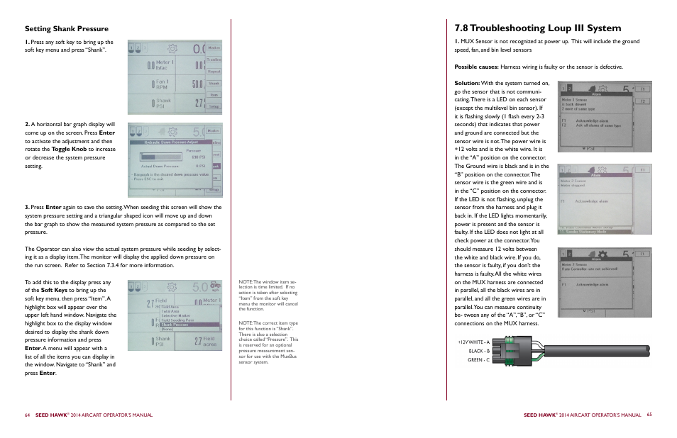 8 troubleshooting loup iii system, Setting shank pressure | Seed Hawk AIRCART 2014 User Manual | Page 36 / 51