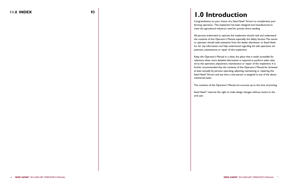 0 introduction, 0 index | Seed Hawk AIRCART 2014 User Manual | Page 4 / 51