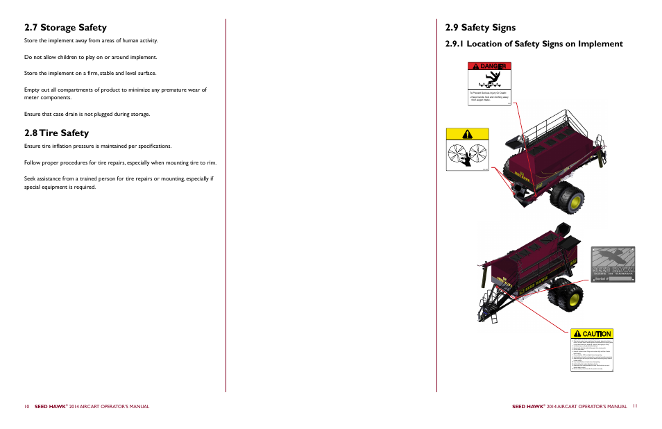 8 tire safety 2.7 storage safety, 9 safety signs, 1 location of safety signs on implement | Danger, Seed hawk, 2014 aircart operator’s manual seed hawk | Seed Hawk AIRCART 2014 User Manual | Page 9 / 51