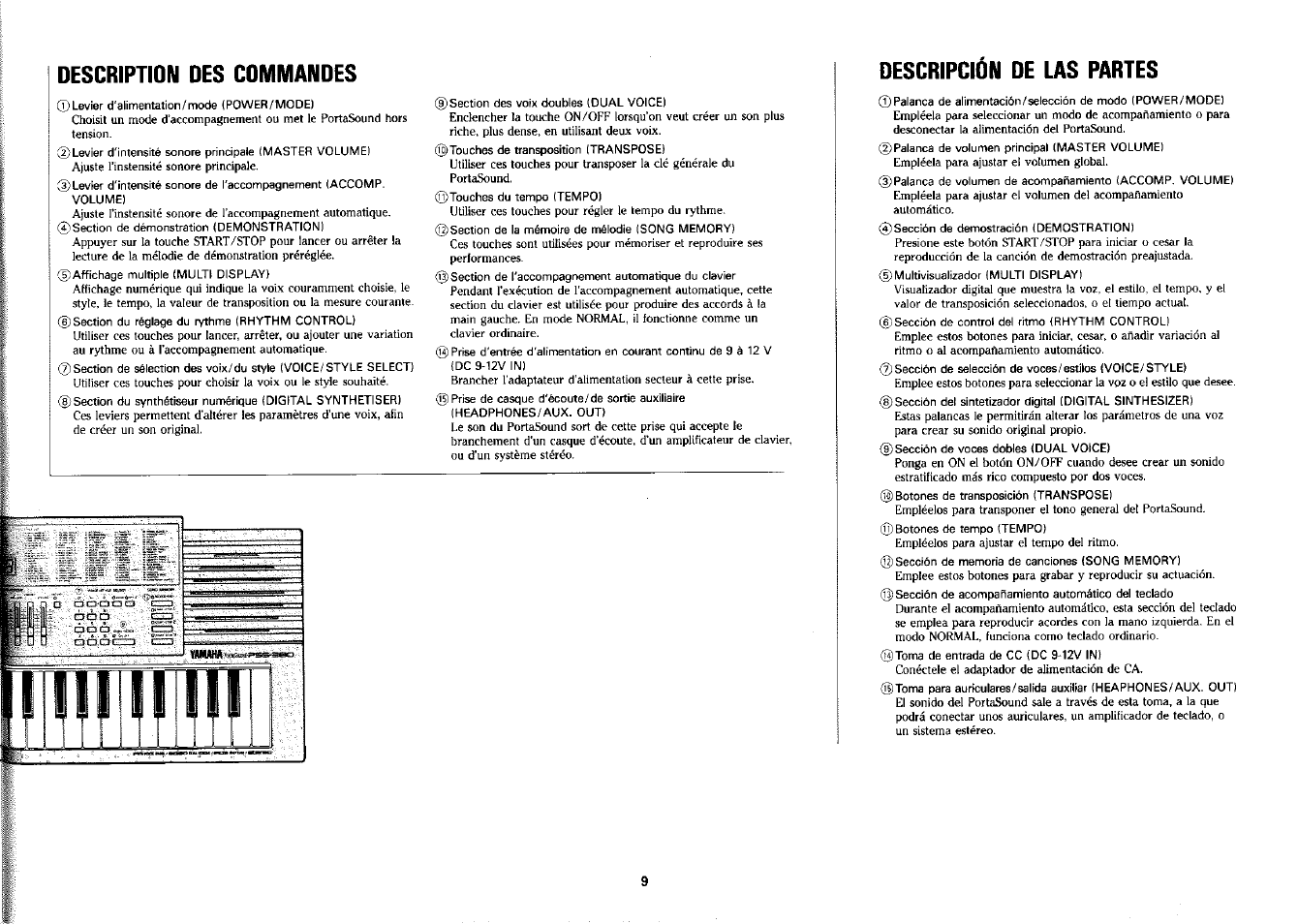 Description des commandes, Descripcidn de las partes | Yamaha PSS-380 User Manual | Page 10 / 47