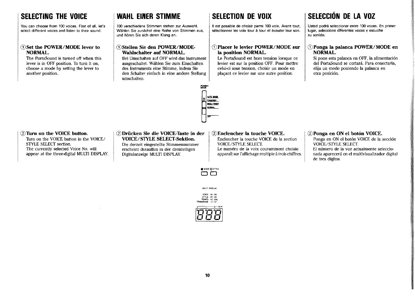 Selecting the voice, Wahl einer stimme, Selection de voix | Seleccion de la voz, Selección de la voz | Yamaha PSS-380 User Manual | Page 11 / 47