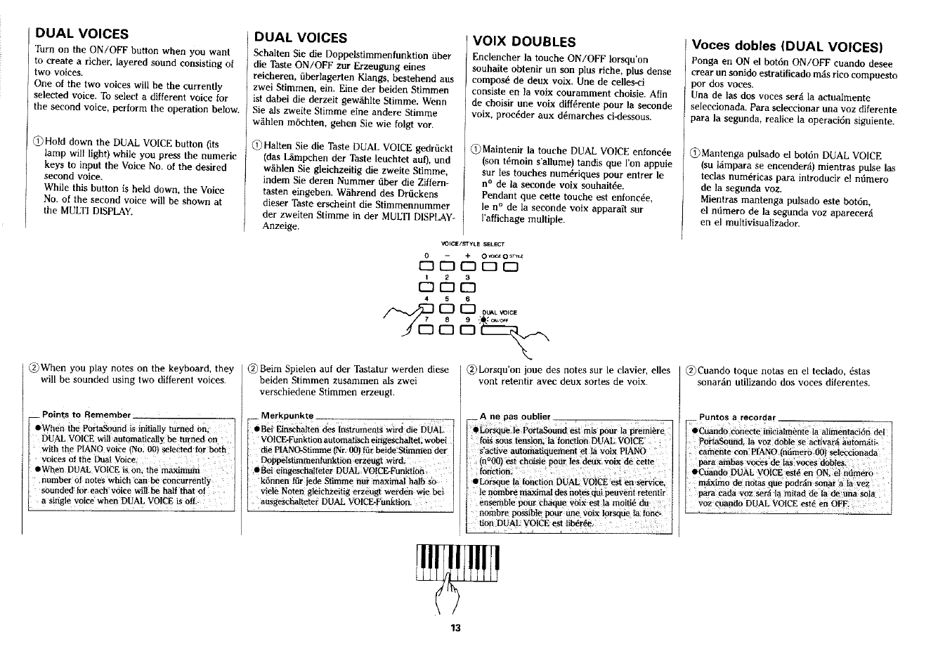 Dual voices, Voix doubles, Voces dobles (dual voices) | Yamaha PSS-380 User Manual | Page 14 / 47
