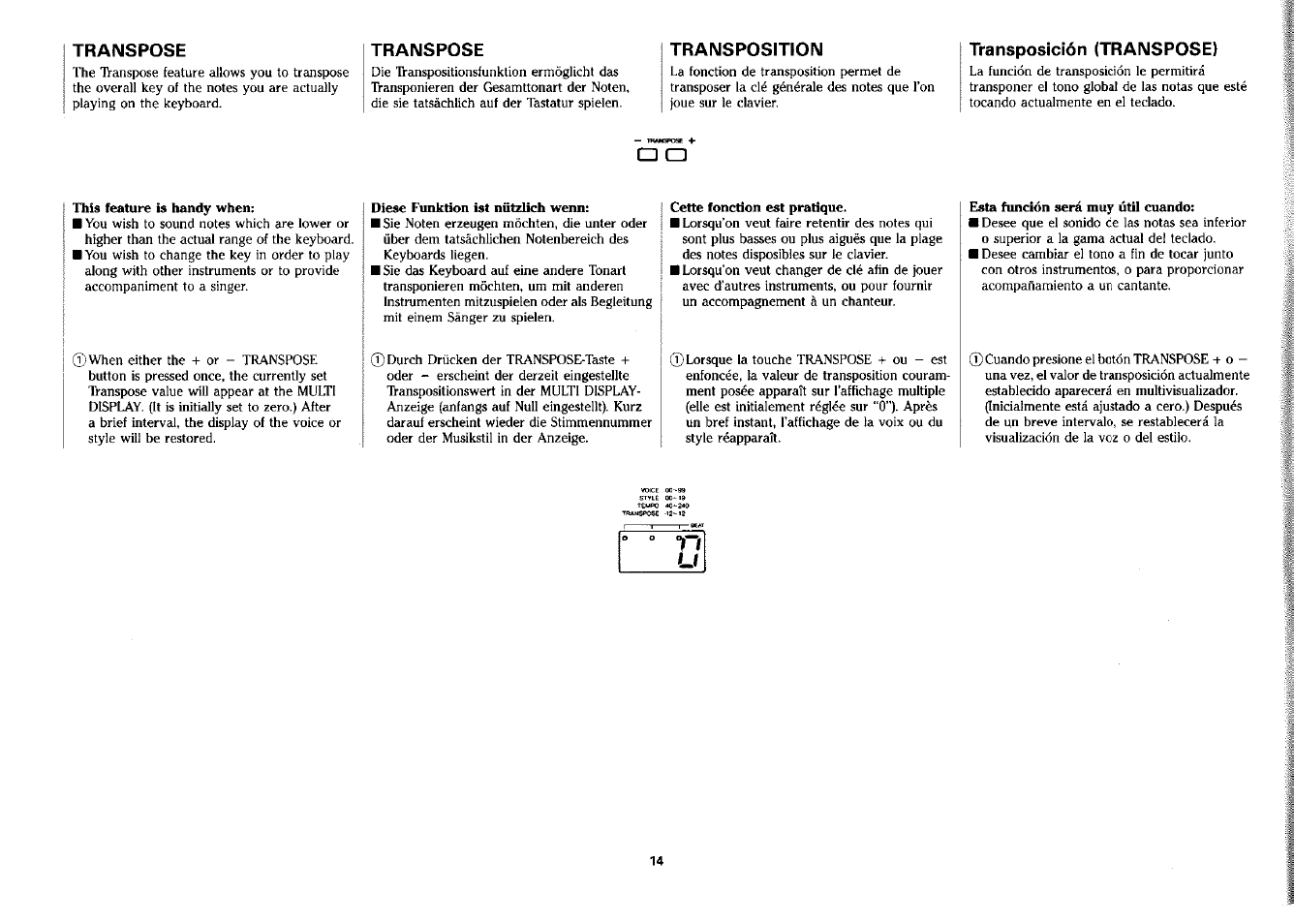 Transpose, This feature is handy when, Transposition | Diese funktion ist nützlich wenn, Cette fonction est pratique, Transposición (transpose), Esta función será muy útil cuando | Yamaha PSS-380 User Manual | Page 15 / 47