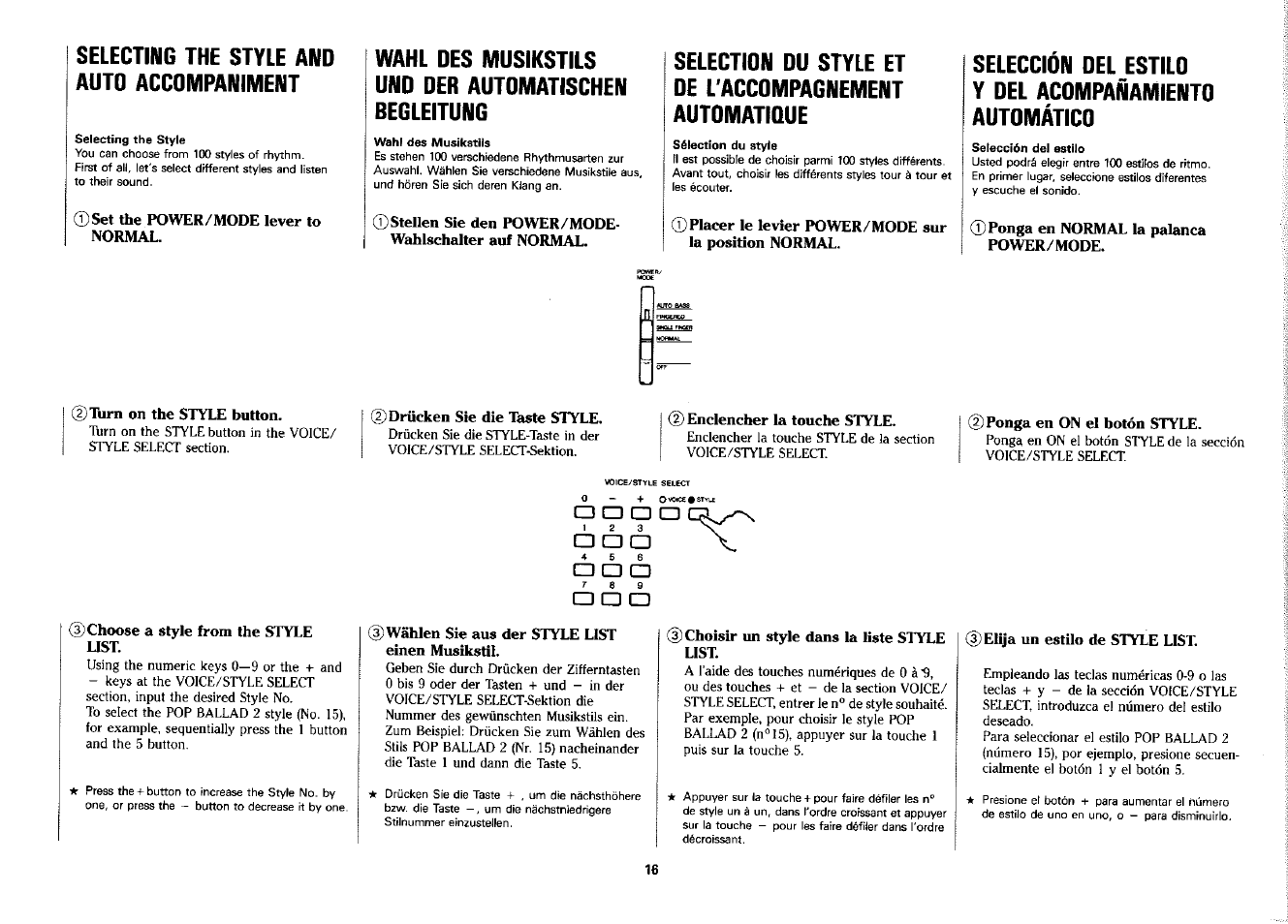 Selecting the style and auto accompaniment | Yamaha PSS-380 User Manual | Page 17 / 47