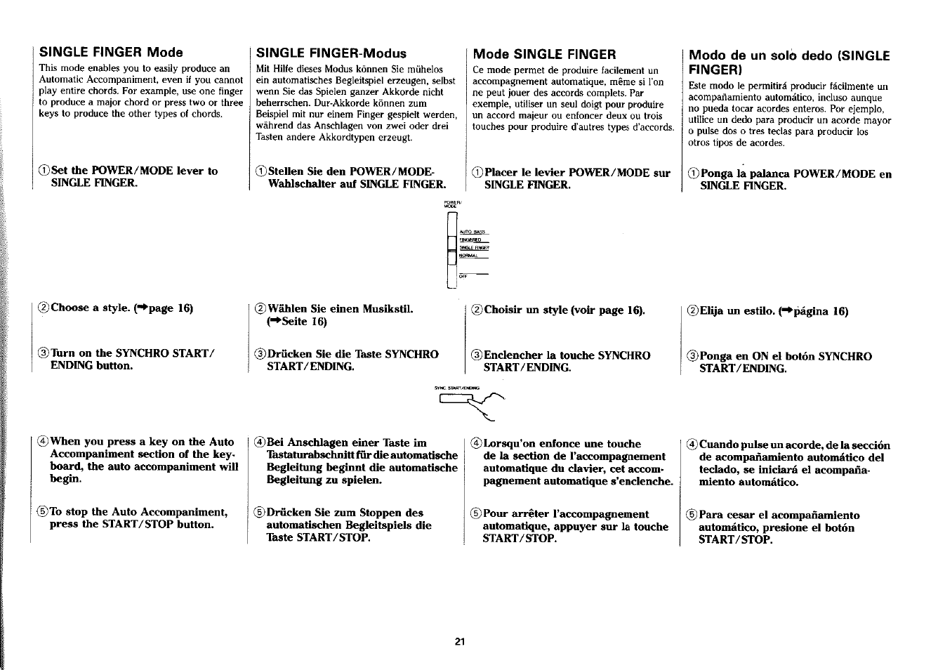 Single finger mode, Single finger-modus, Mode single finger | Modo de un solo dedo (single finger) | Yamaha PSS-380 User Manual | Page 22 / 47