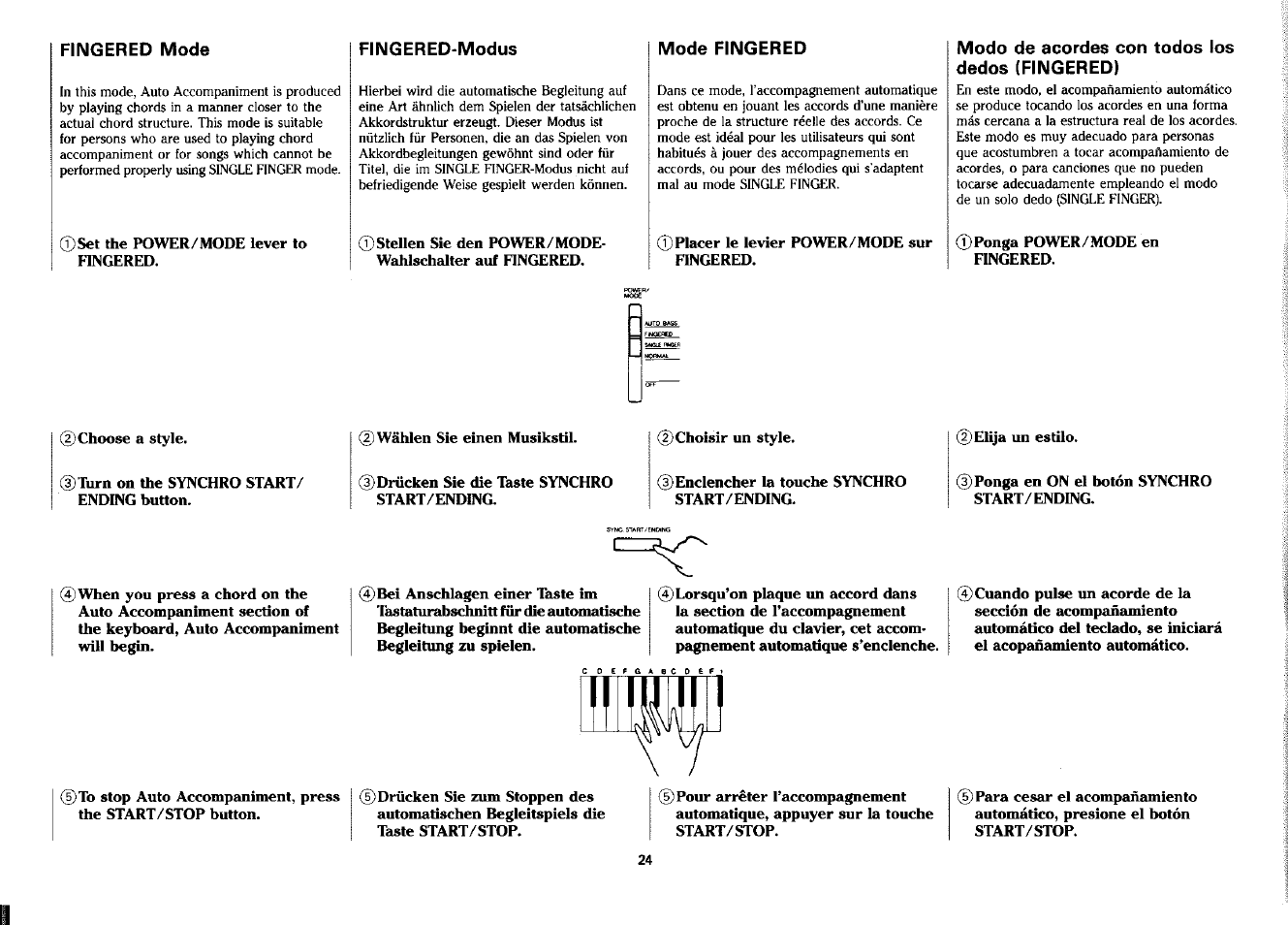 Fingered mode, Fingered-modus, Mode fingered | Modo de acordes con todos los dedos (fingered), Cl_ 0 | Yamaha PSS-380 User Manual | Page 25 / 47