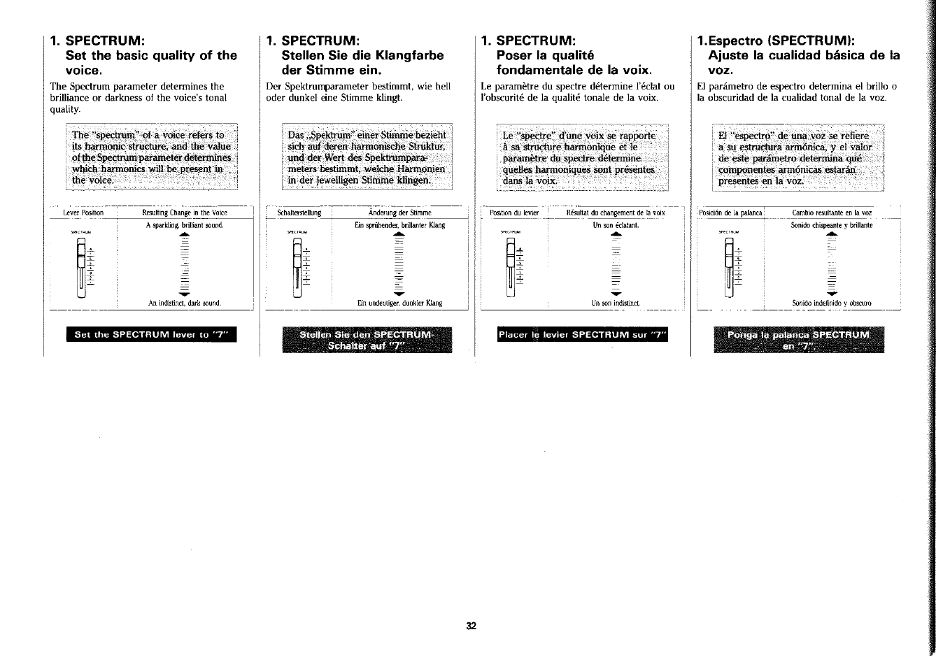 Spectrum, Set the basic quality of the voice, Poser la qualité fondamentale de la voix | Espectro (spectrum), Ajuste la cualidad básica de ta voz | Yamaha PSS-380 User Manual | Page 33 / 47