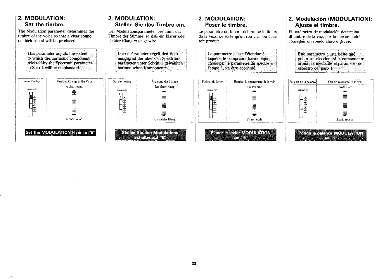 Modulation, Set the timbre, Poser le timbre | Placer le levier modulation sur "5, Modulación (modulation); ajuste el timbre, Ponga la palanca modulation | Yamaha PSS-380 User Manual | Page 34 / 47