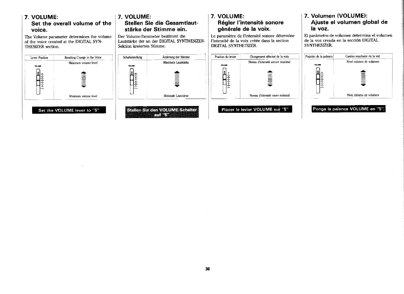 Volume, Set the overall volume of the voice, Stellen sie die gesamtlautstärke der stimme ein | Régler tintensité sonore générale de la voix, Volumen (volume), Ajuste el volumen global de la voz | Yamaha PSS-380 User Manual | Page 37 / 47